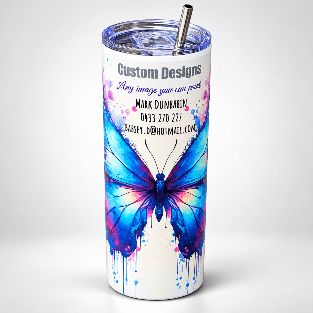 Personalised sublimation tumbler with a colourful custom wraparound printed design